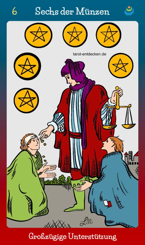 Tarotkarte "Sechs der Münzen" bzw. 6 der Münzen im Tarot