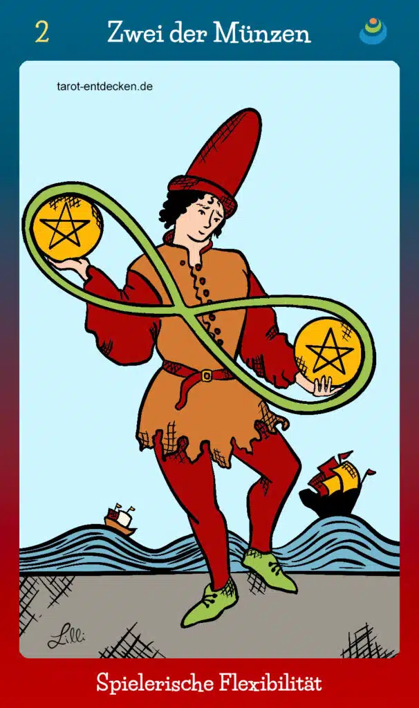 Tarotkarte "Zwei der Münzen" bzw. 2 der Münzen im Tarot